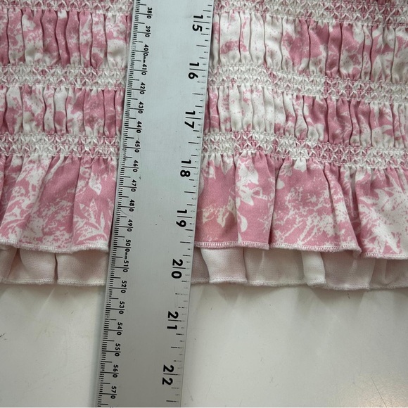 WAYF Pink Toile Print Smocked Peplum Blouse L Long Sleeve Wrap Cottagecore - Picture 7 of 10